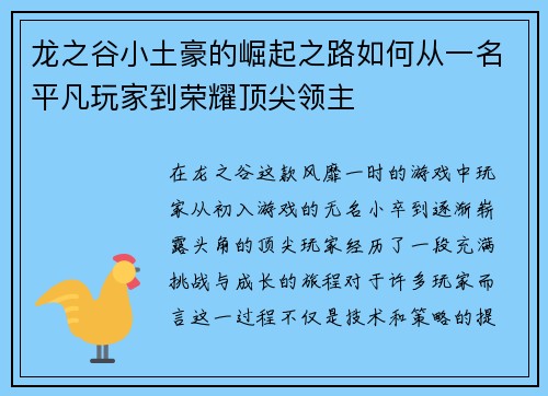 龙之谷小土豪的崛起之路如何从一名平凡玩家到荣耀顶尖领主